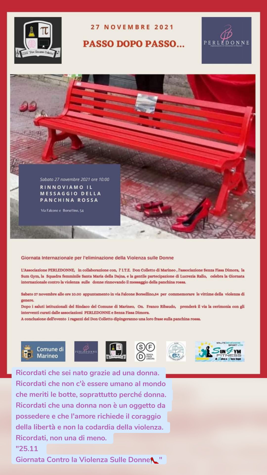 Ricordati che sei nato grazie ad una donna.
Ricordati che non c'è essere umano al mondo che meriti le botte, soprattutto perché donna.
Ricordati che una donna non è un oggetto da possedere e che l'amore richiede il coraggio della libertà e non la codardia della violenza.
Ricordati, non una di meno.
"25.11 
Giornata Contro la Violenza Sulle Donne👠"