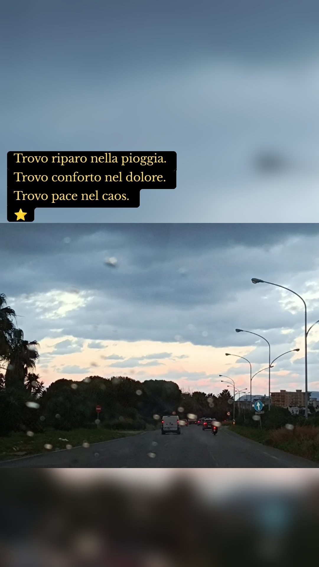 Trovo riparo nella pioggia.
Trovo conforto nel dolore.
Trovo pace nel caos.
⭐
